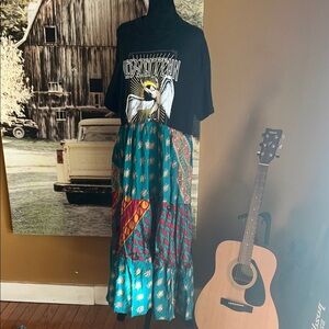 Upcycled AC/DC Black and Teal Patchwork Dress